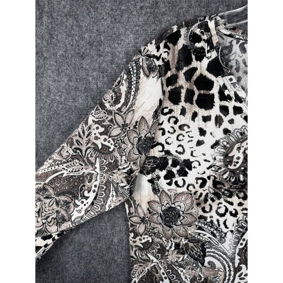 Chico’s Black White Animal Paisley Print Top Women’s Size 2/L/12 3/4 Sleeve - Picture 7 of 9